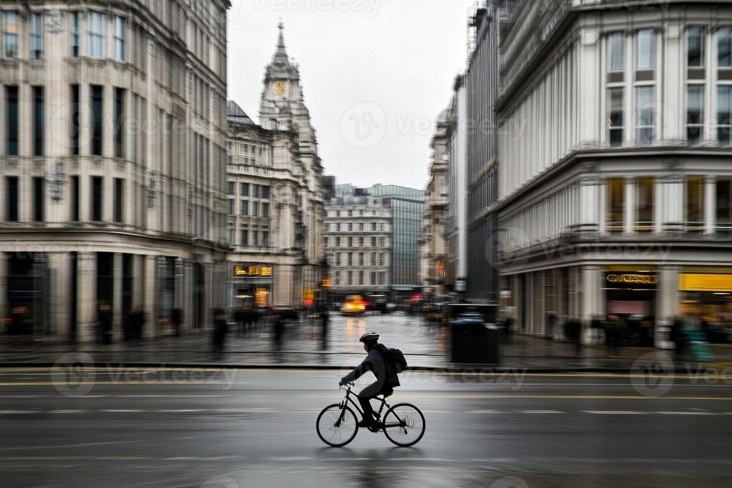 A man riding a bike in the rain on a city street photo