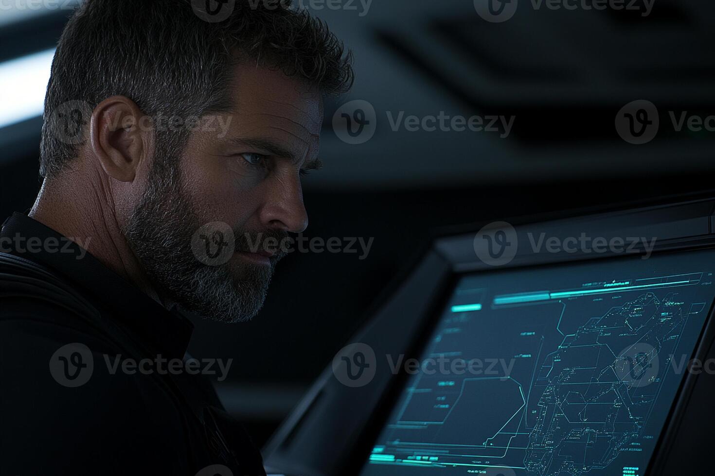 A man in a black shirt is looking at a computer screen photo