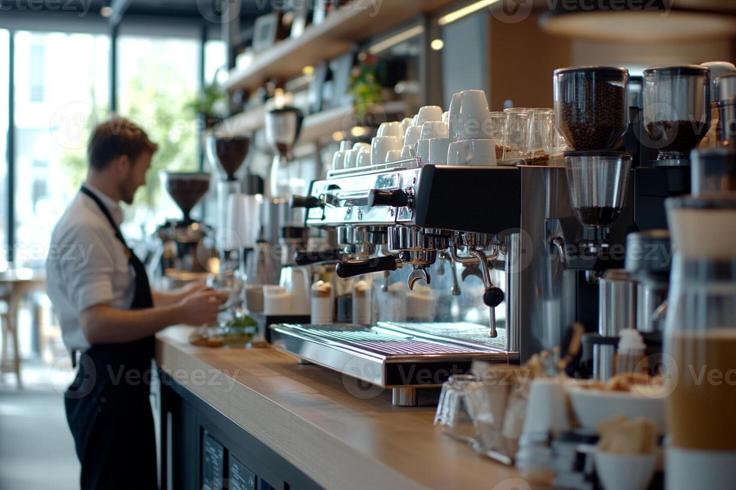 A man standing behind a counter with coffee machines photo