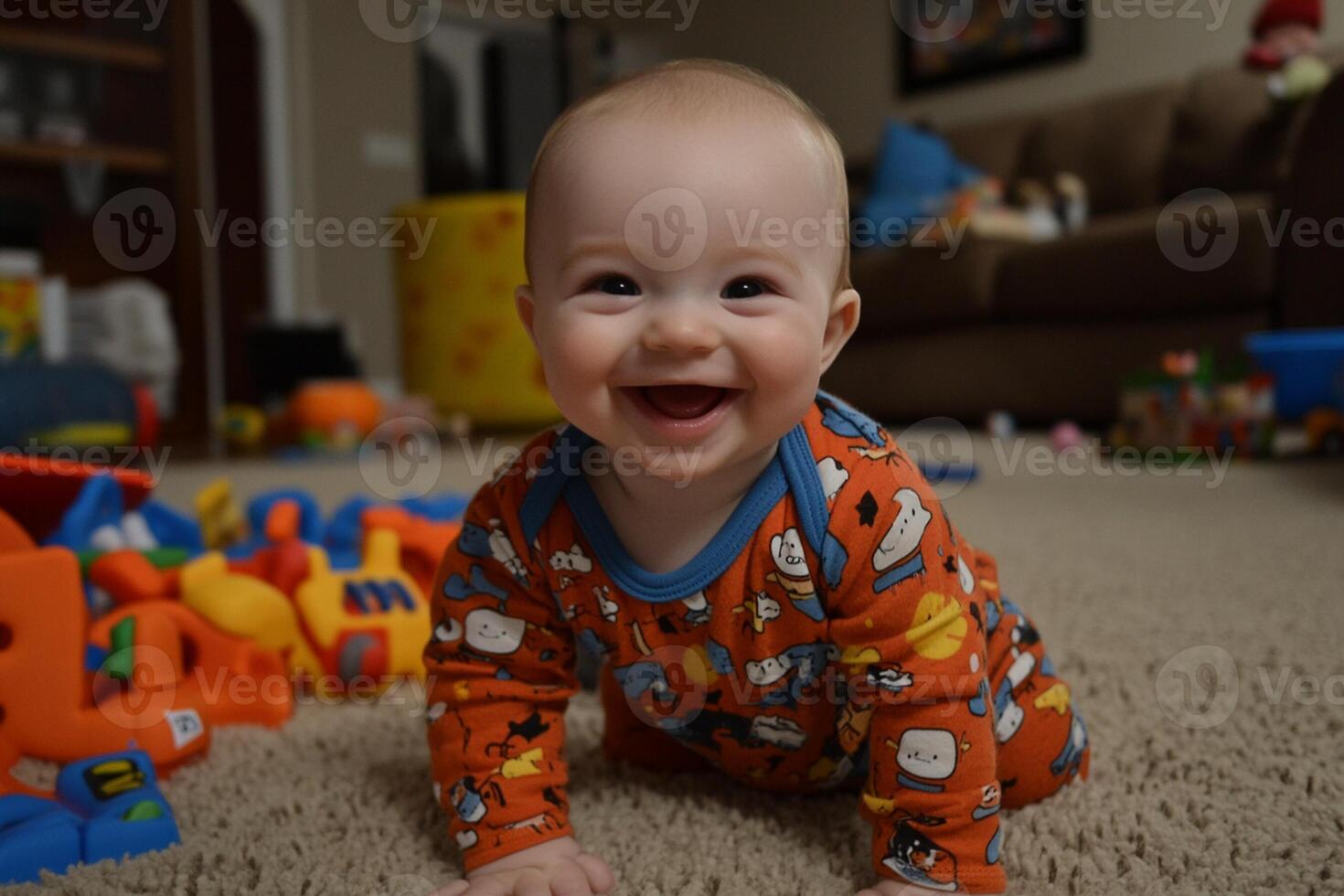 A baby smiles while laying on the floor in a room photo
