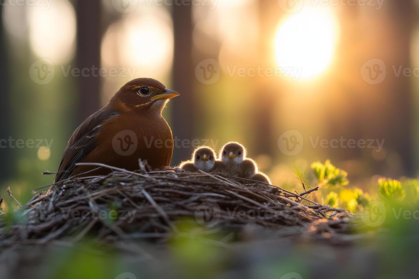 A bird and its babies are sitting on a nest in the woods photo