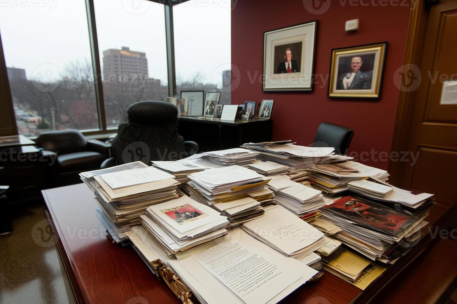 A desk with papers on it photo