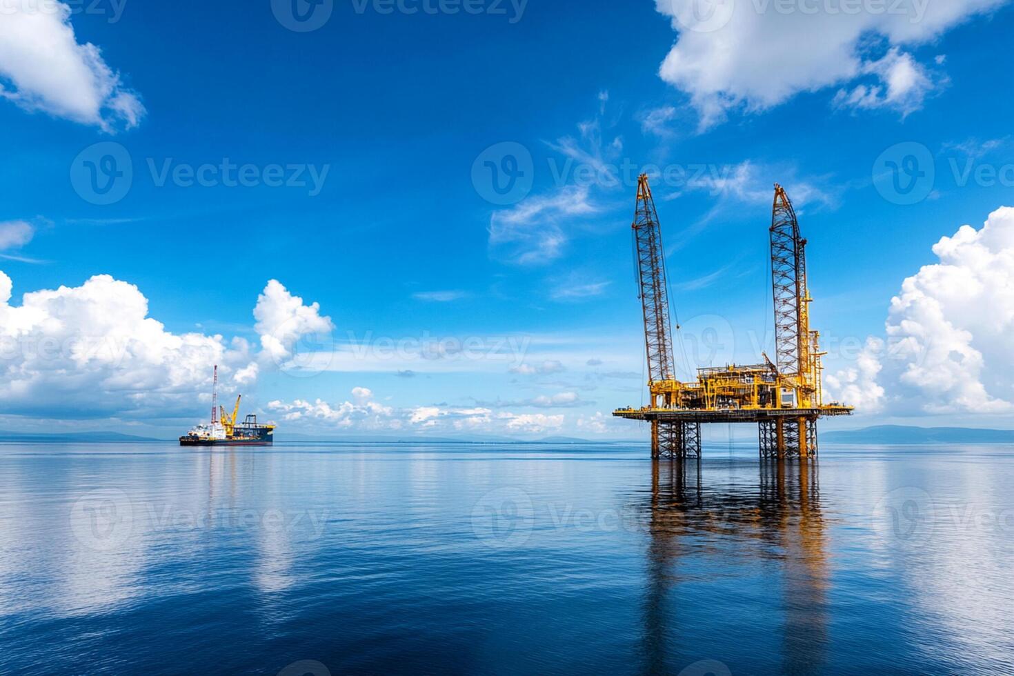 Oil rig in the ocean with blue sky and clouds photo