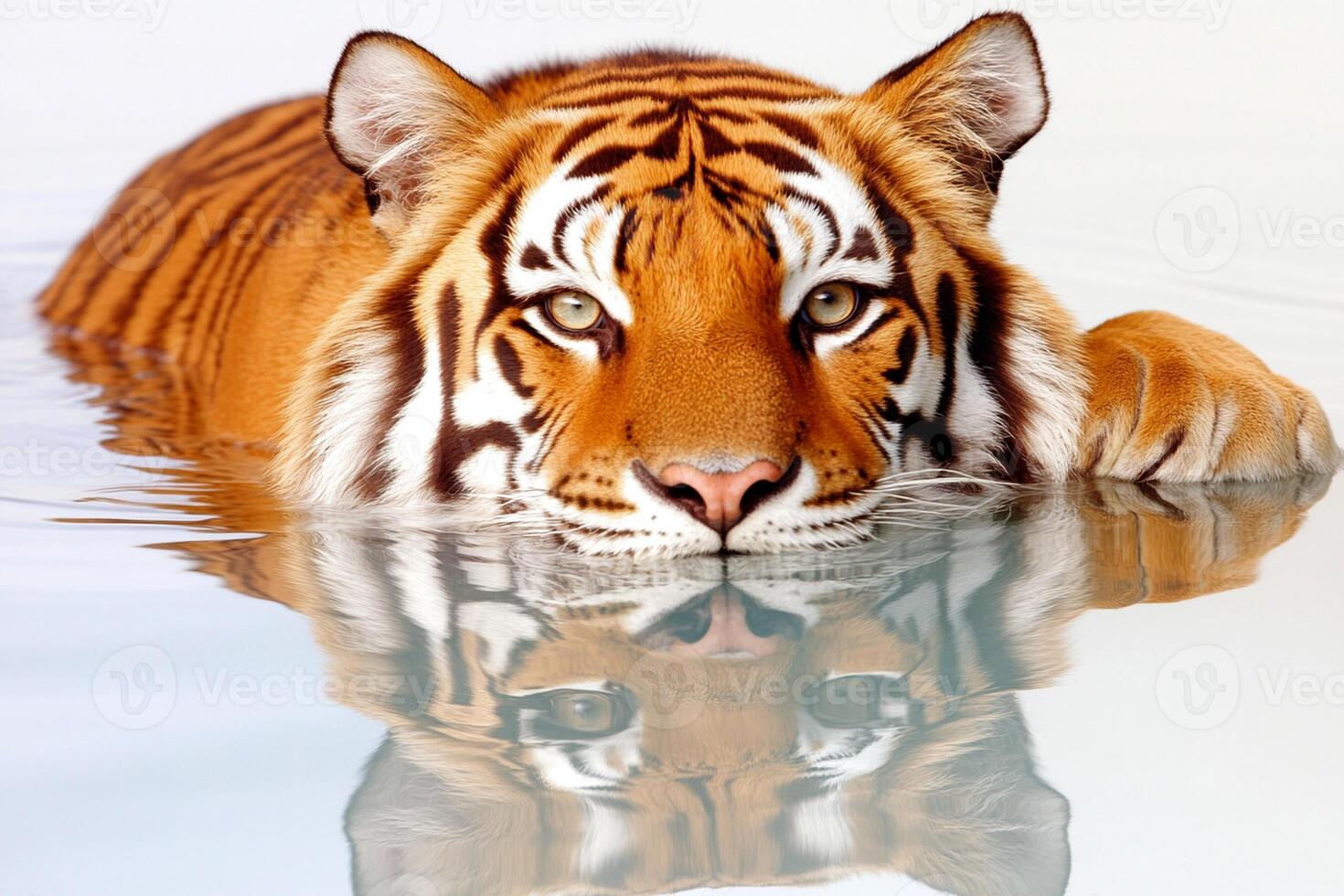 A tiger is swimming in water with its reflection photo