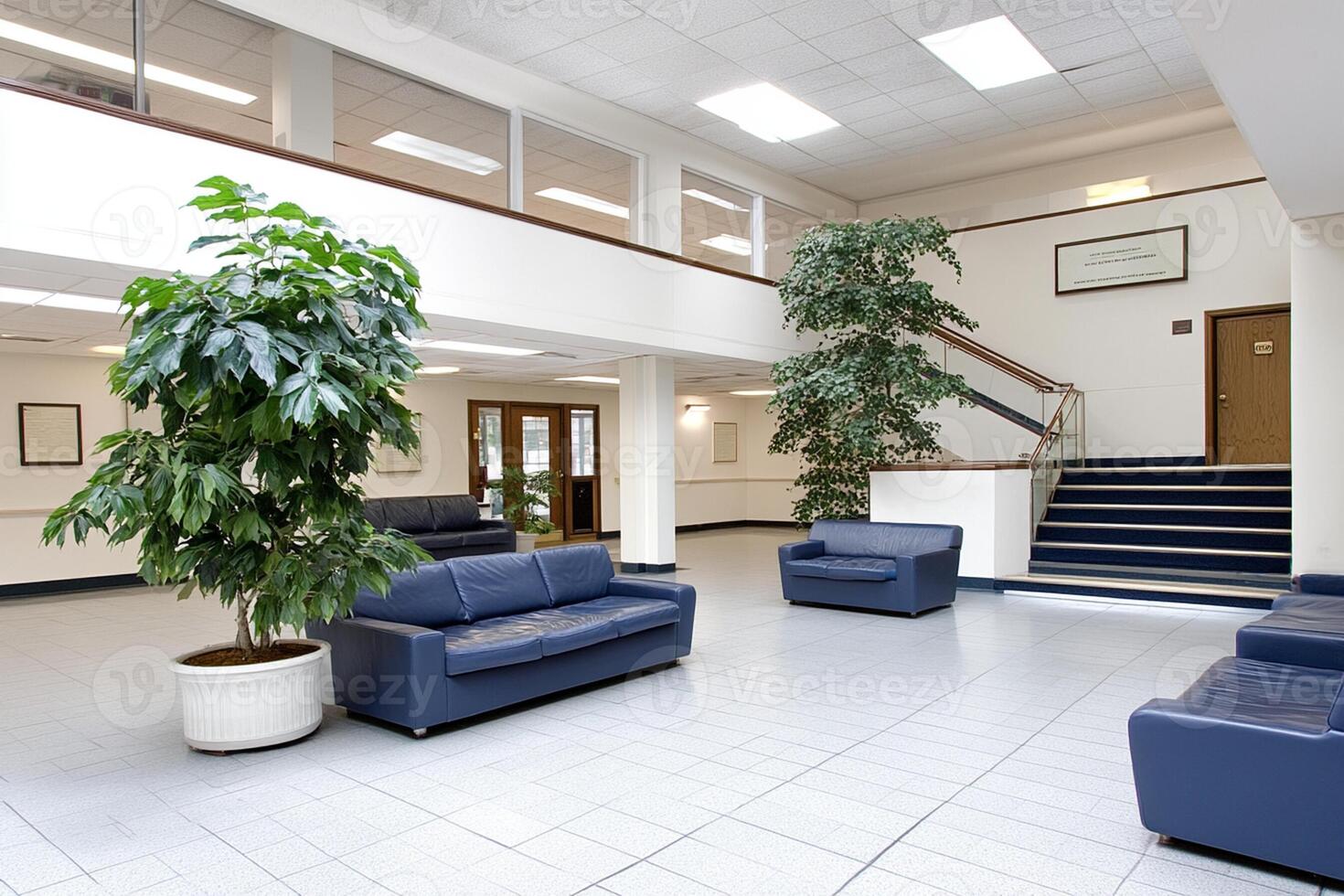 A large lobby with a staircase and a plant photo