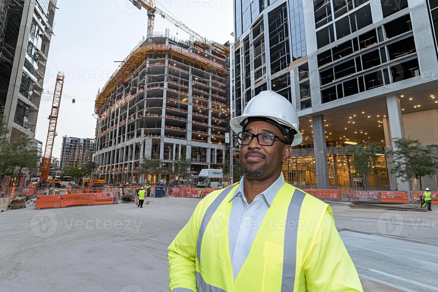 A man in a hard hat and safety vest standing in front of a construction site photo
