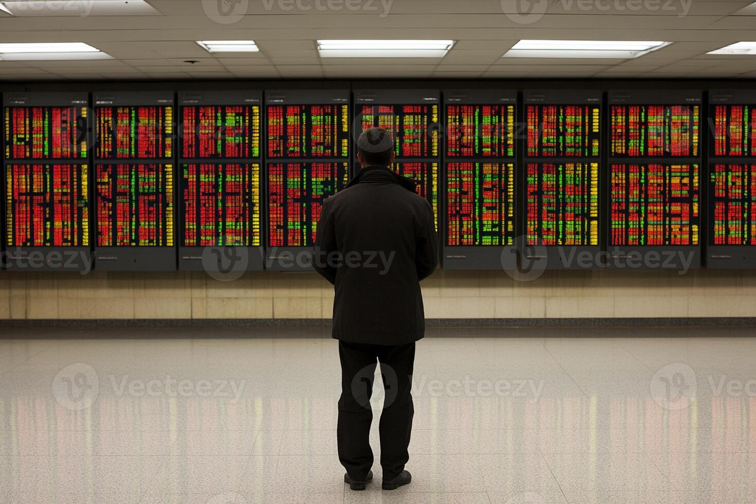 A man in a suit looking at a screen of stock prices photo