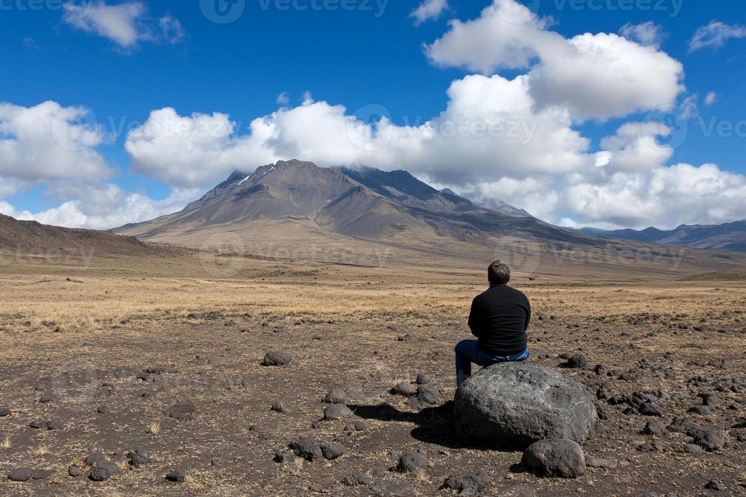 A man sitting on a rock in the middle of a field photo