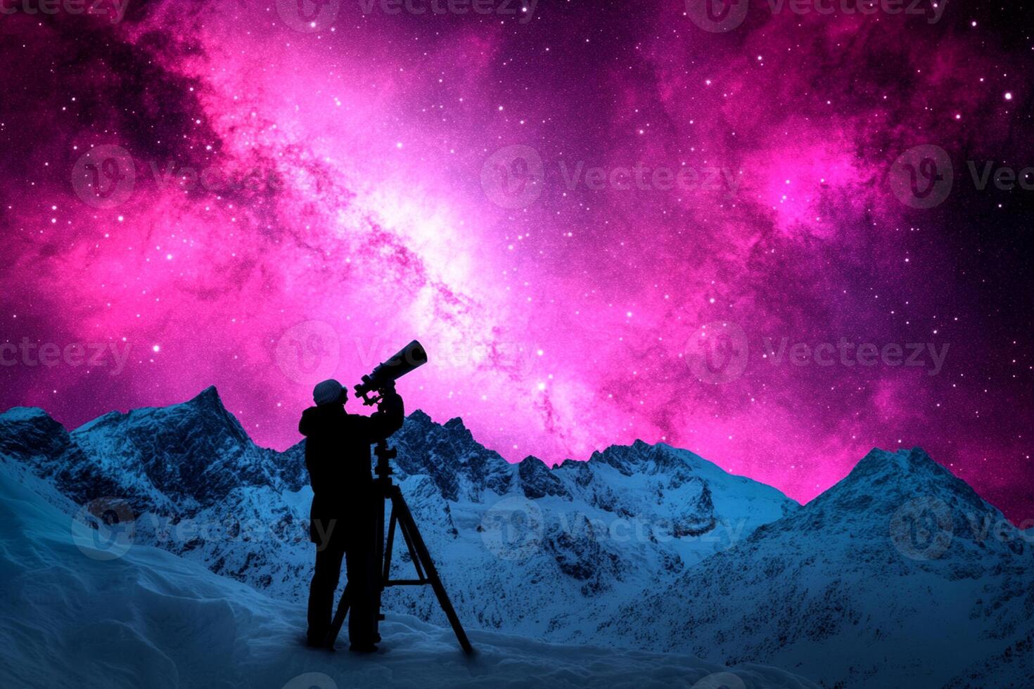 A man looking through a telescope at the sky photo