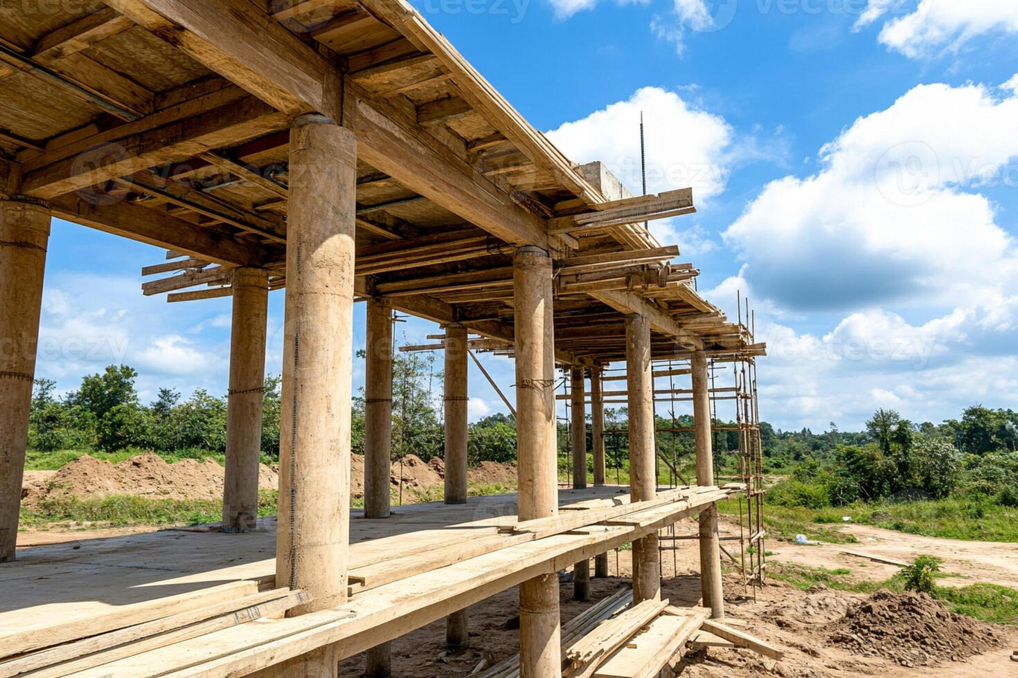 A wooden building under construction with a large wooden beam photo