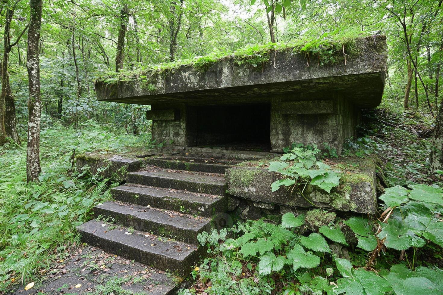 A bunker in the woods with steps leading up to it photo