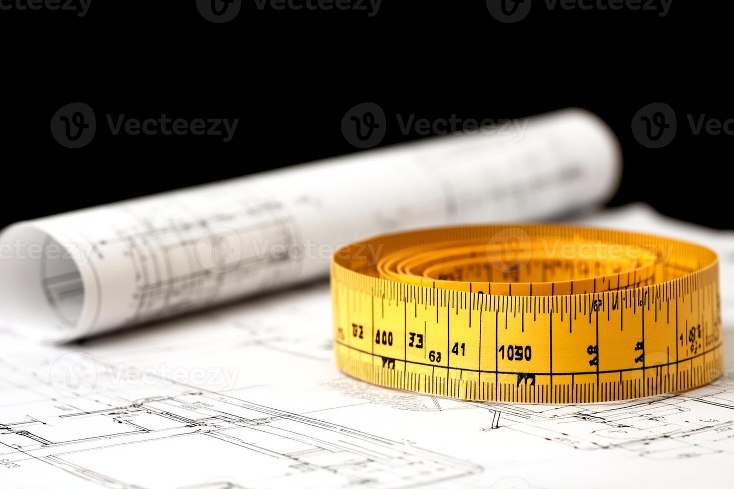A yellow tape measure is sitting on top of a blueprint photo