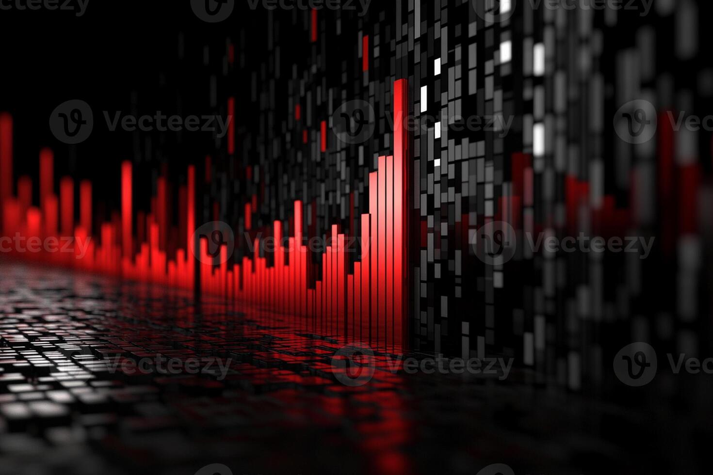 A red and black background with a bar graph photo