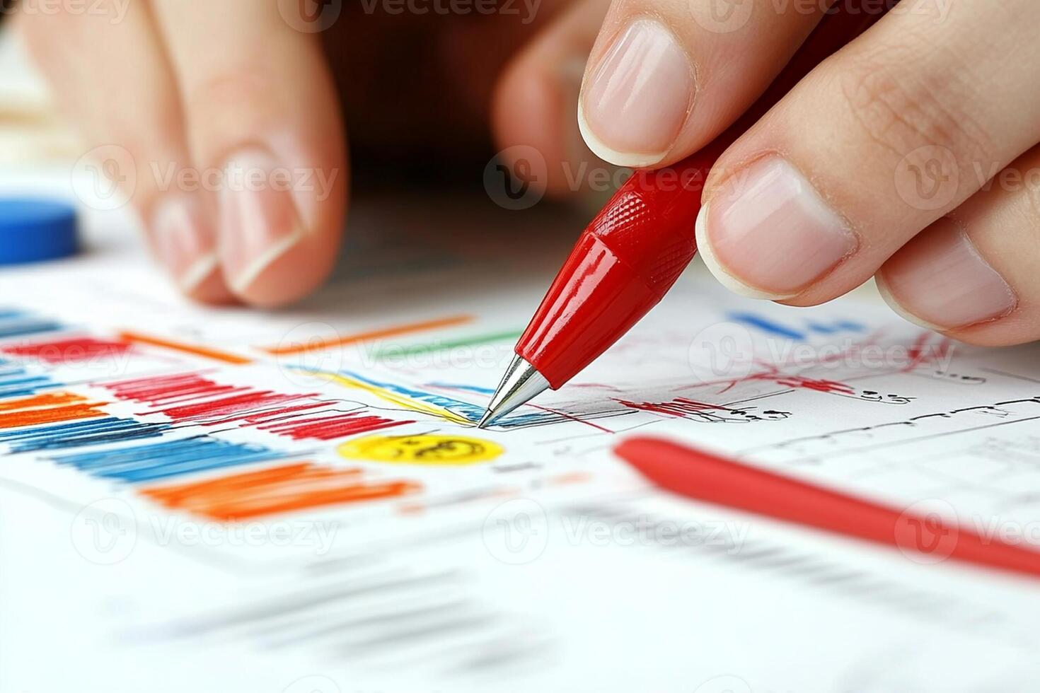 A person is holding a red pen and writing on a piece of paper photo