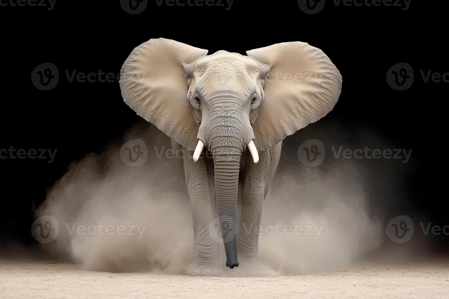 An elephant is walking through a dust cloud photo