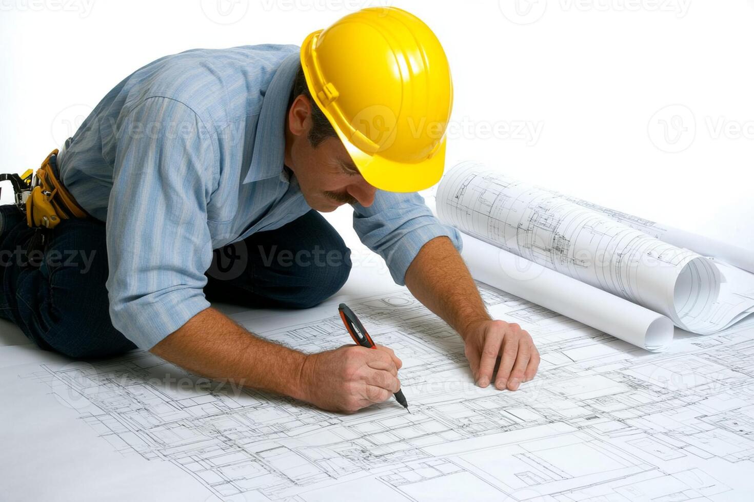 A man in a hard hat and safety glasses is working on a blueprint photo