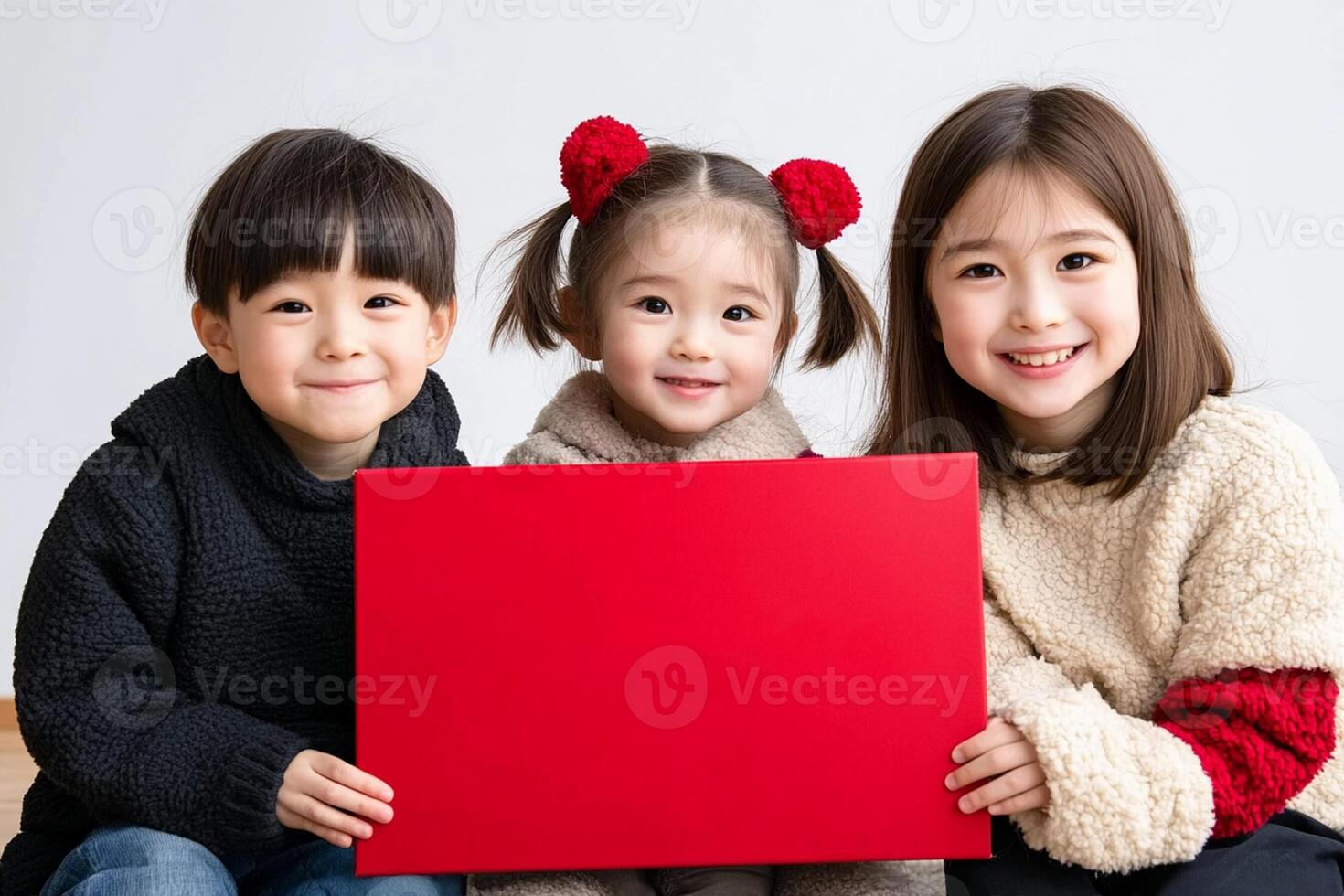 Three children holding up a red sign photo