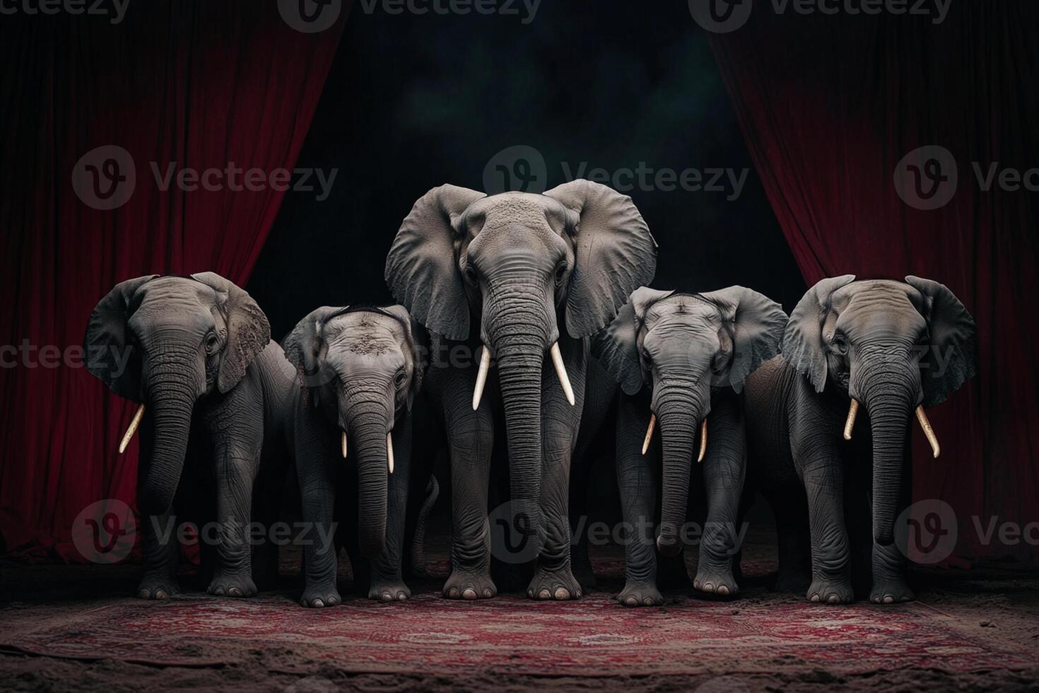 A group of elephants standing in front of a red curtain photo