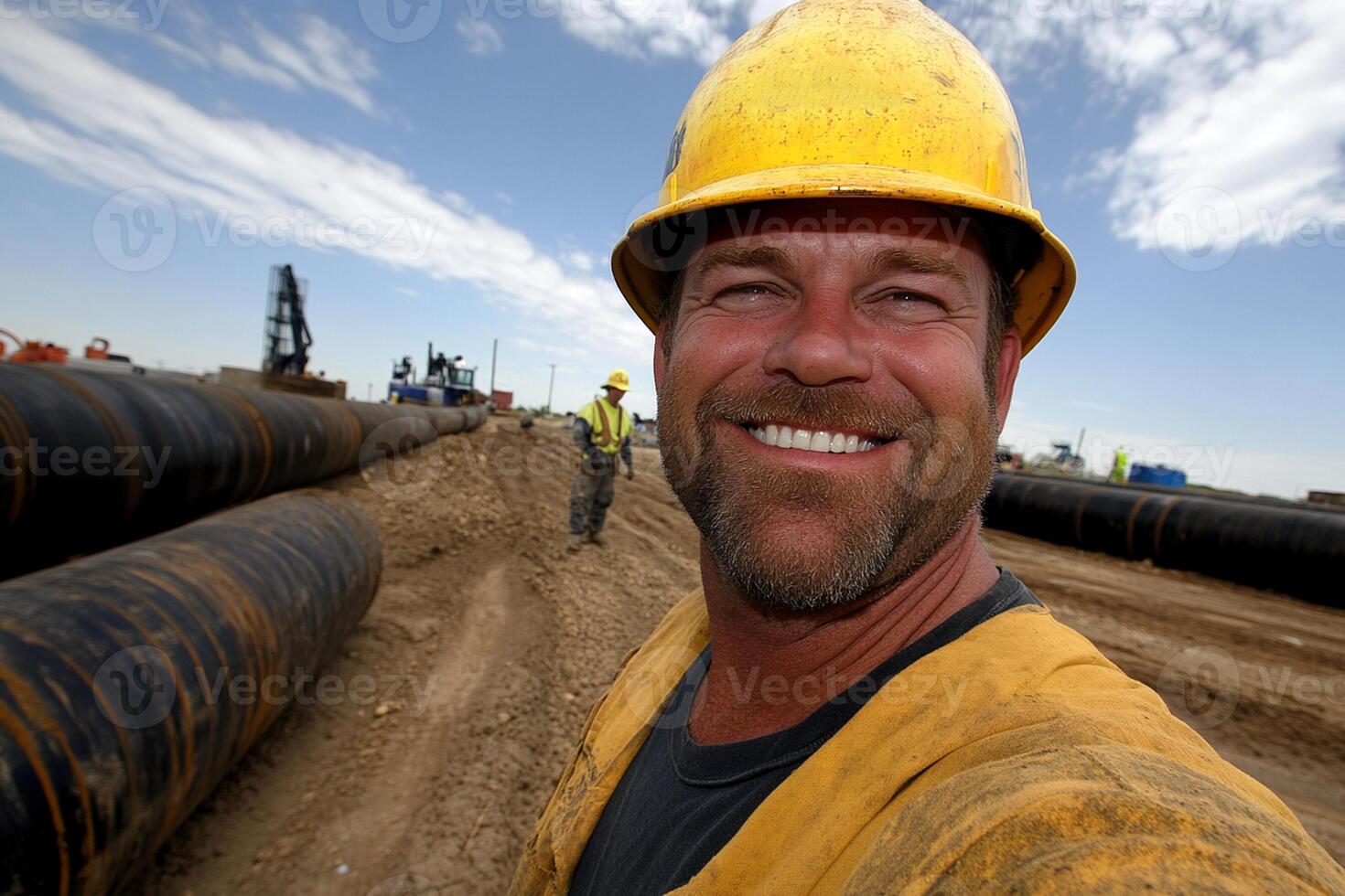 A man in a hard hat smiling in front of pipes photo