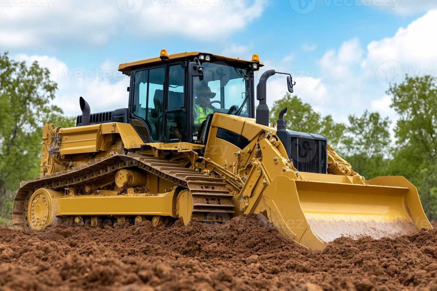 A yellow bulldozer is digging in the dirt photo