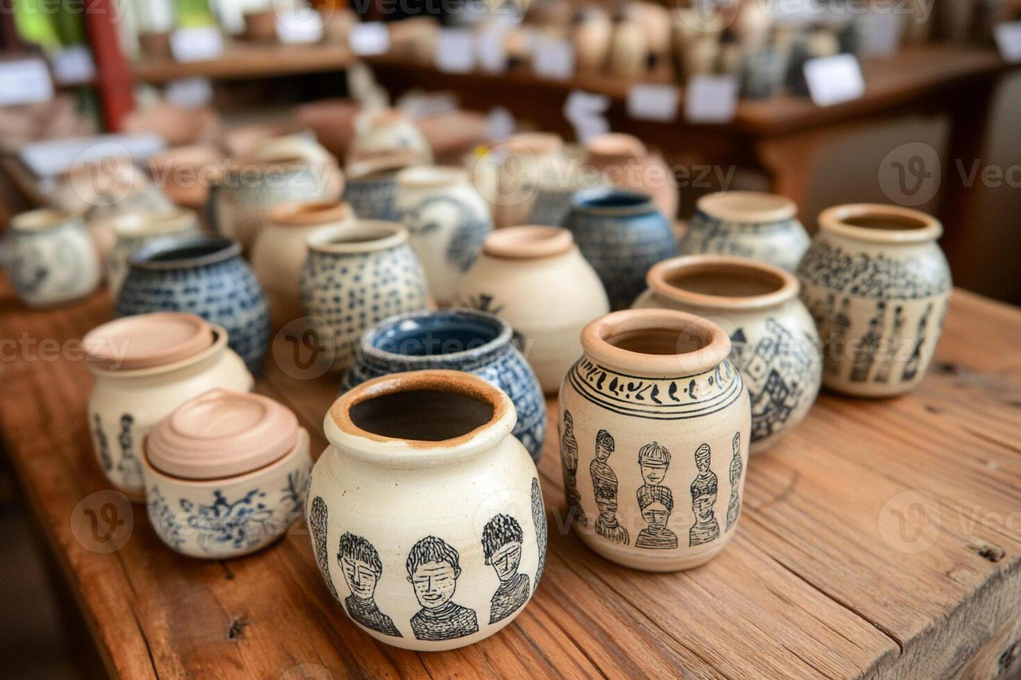 Many different types of pottery are on display photo