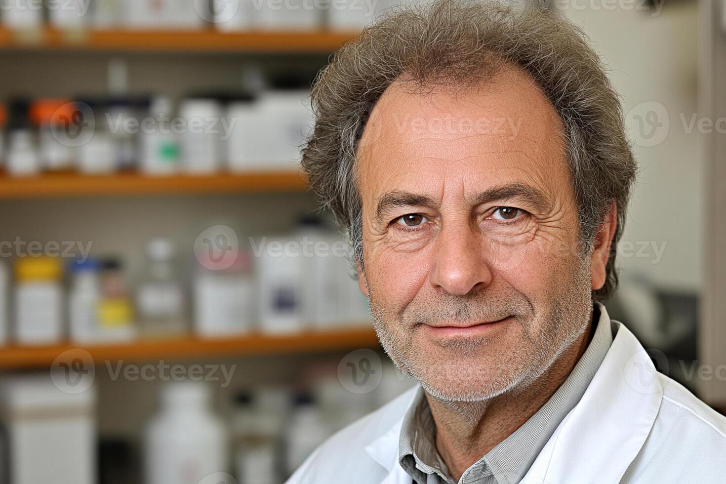 A man in a lab coat standing in front of shelves photo