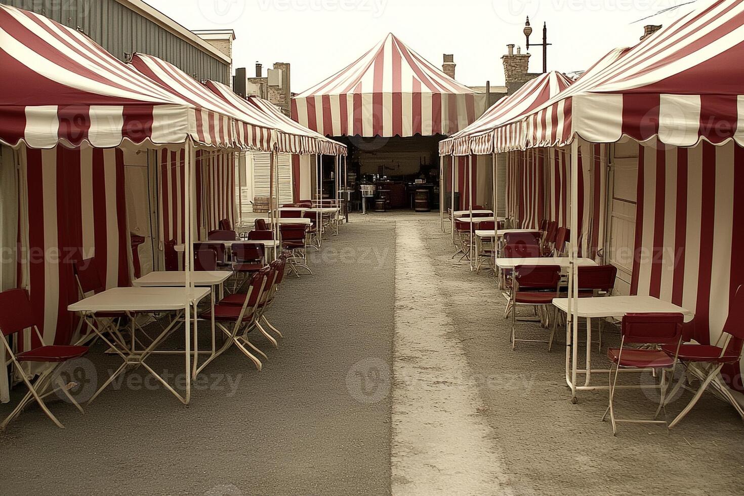 A row of tables and chairs under a red and white striped tent photo
