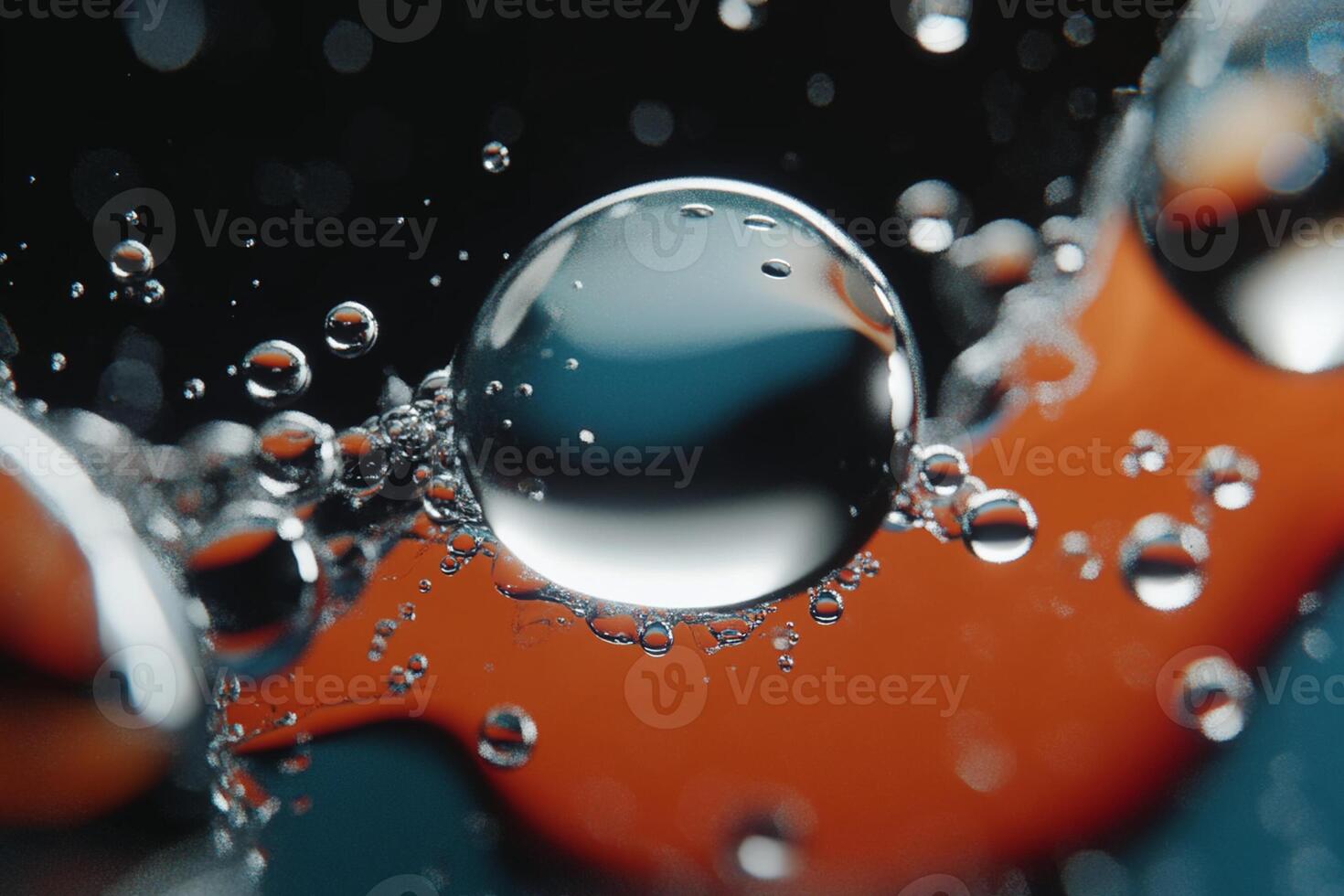 Water droplets are floating in a liquid photo