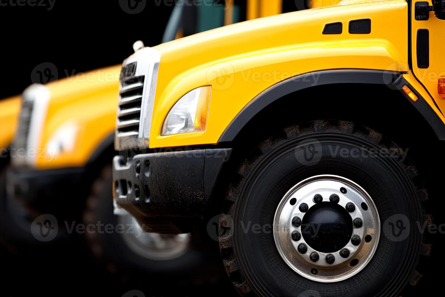 A row of yellow school buses parked in a row photo