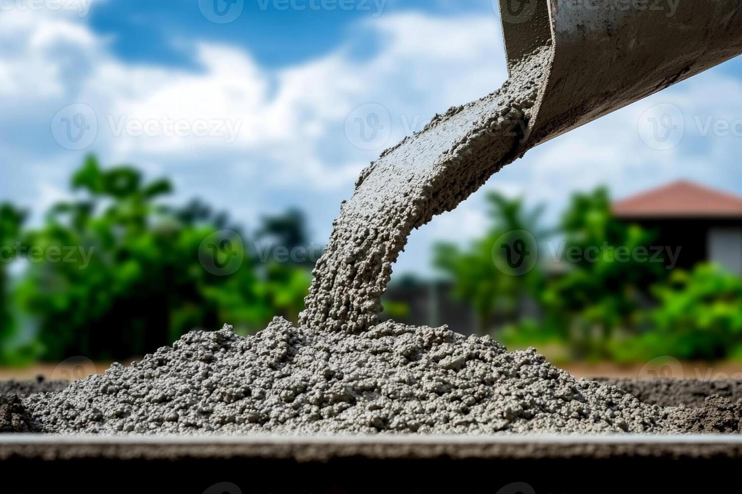Concrete pouring from a bucket into a cement mixer photo