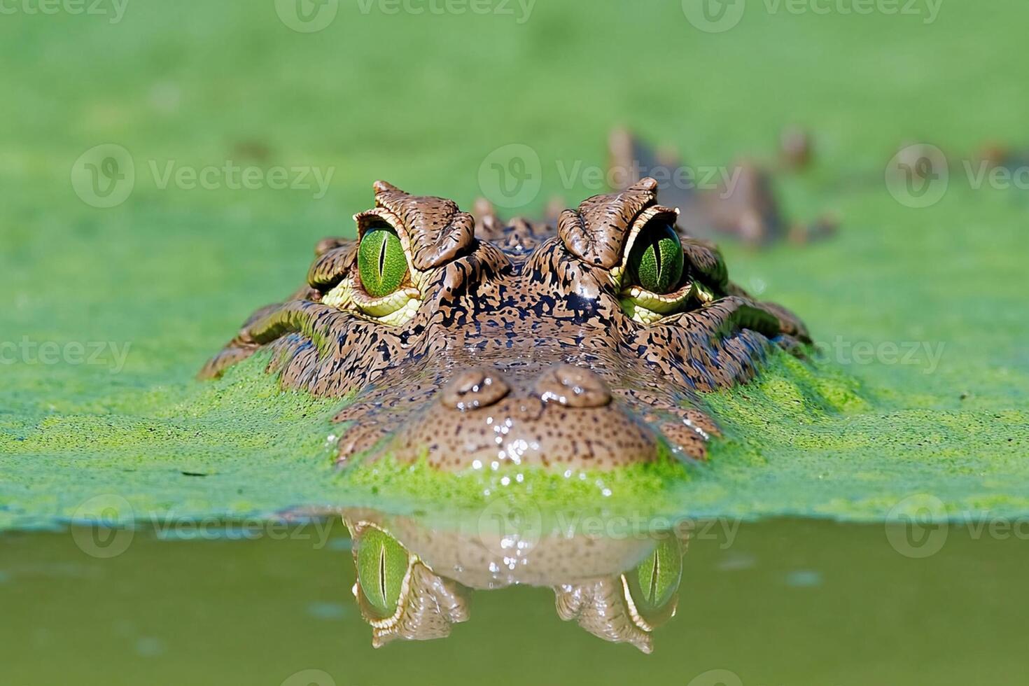 A crocodile's head is submerged in water photo