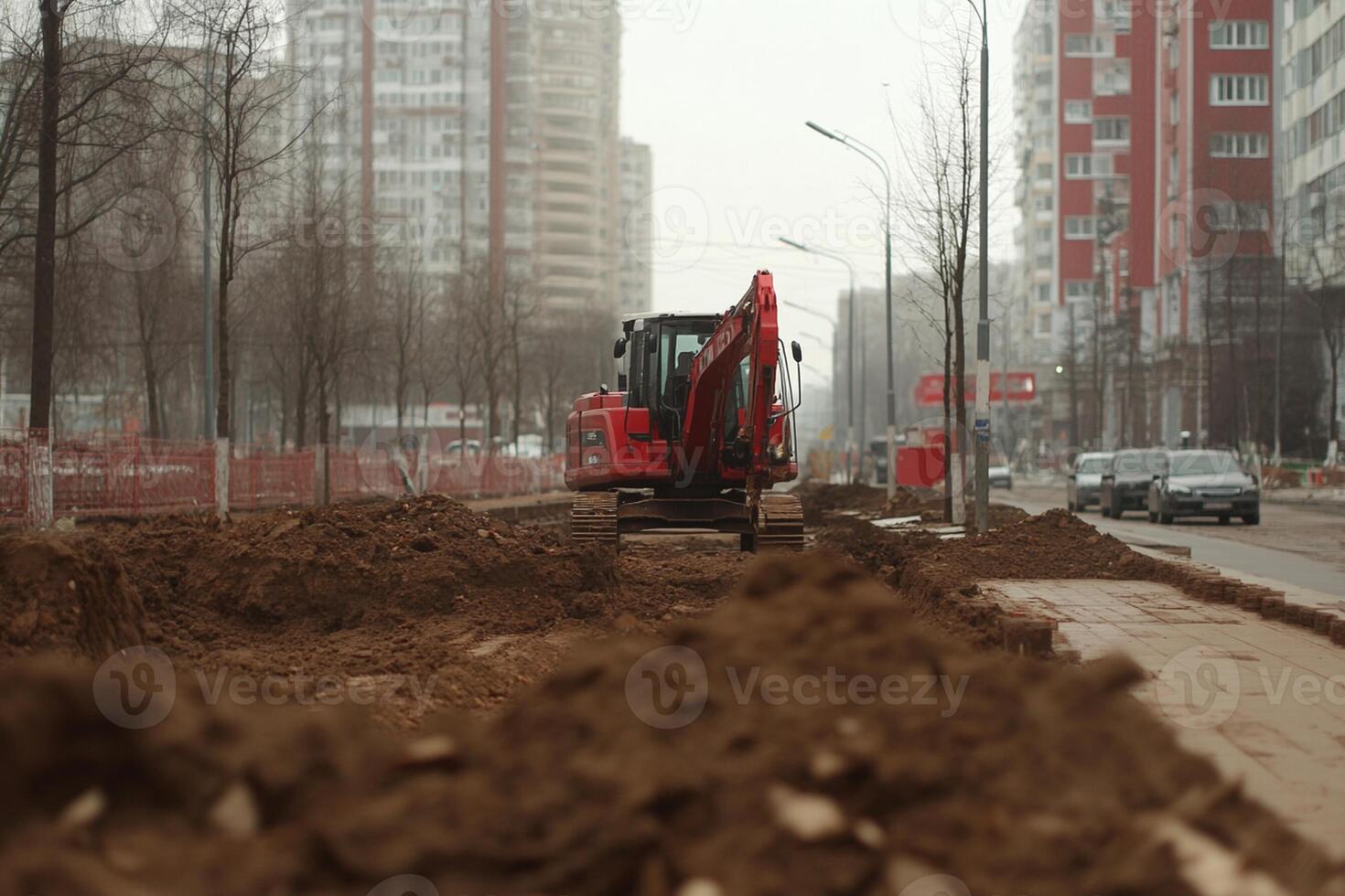 A red excavator is digging in the dirt photo