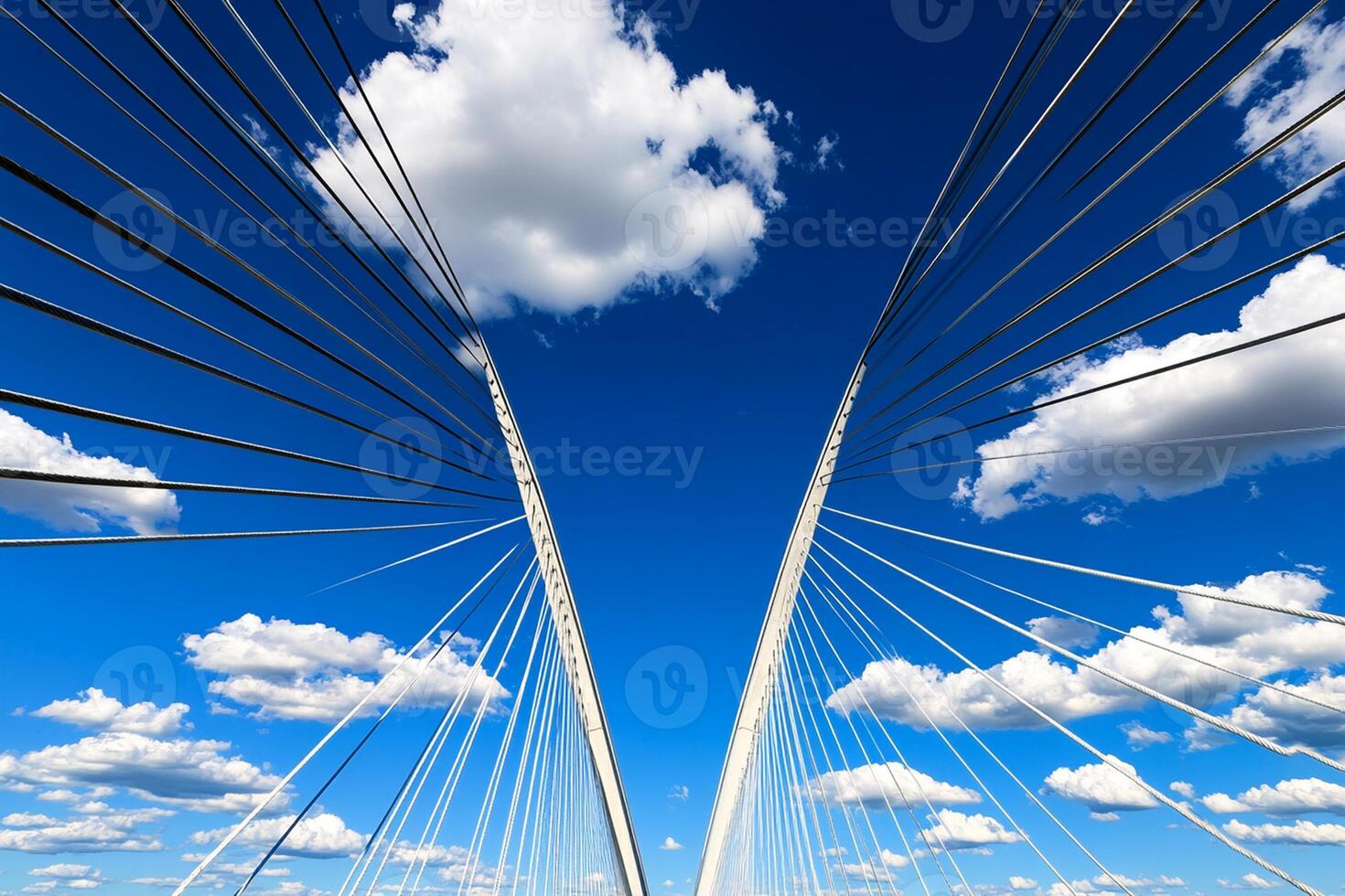 A bridge with white cables and a blue sky photo