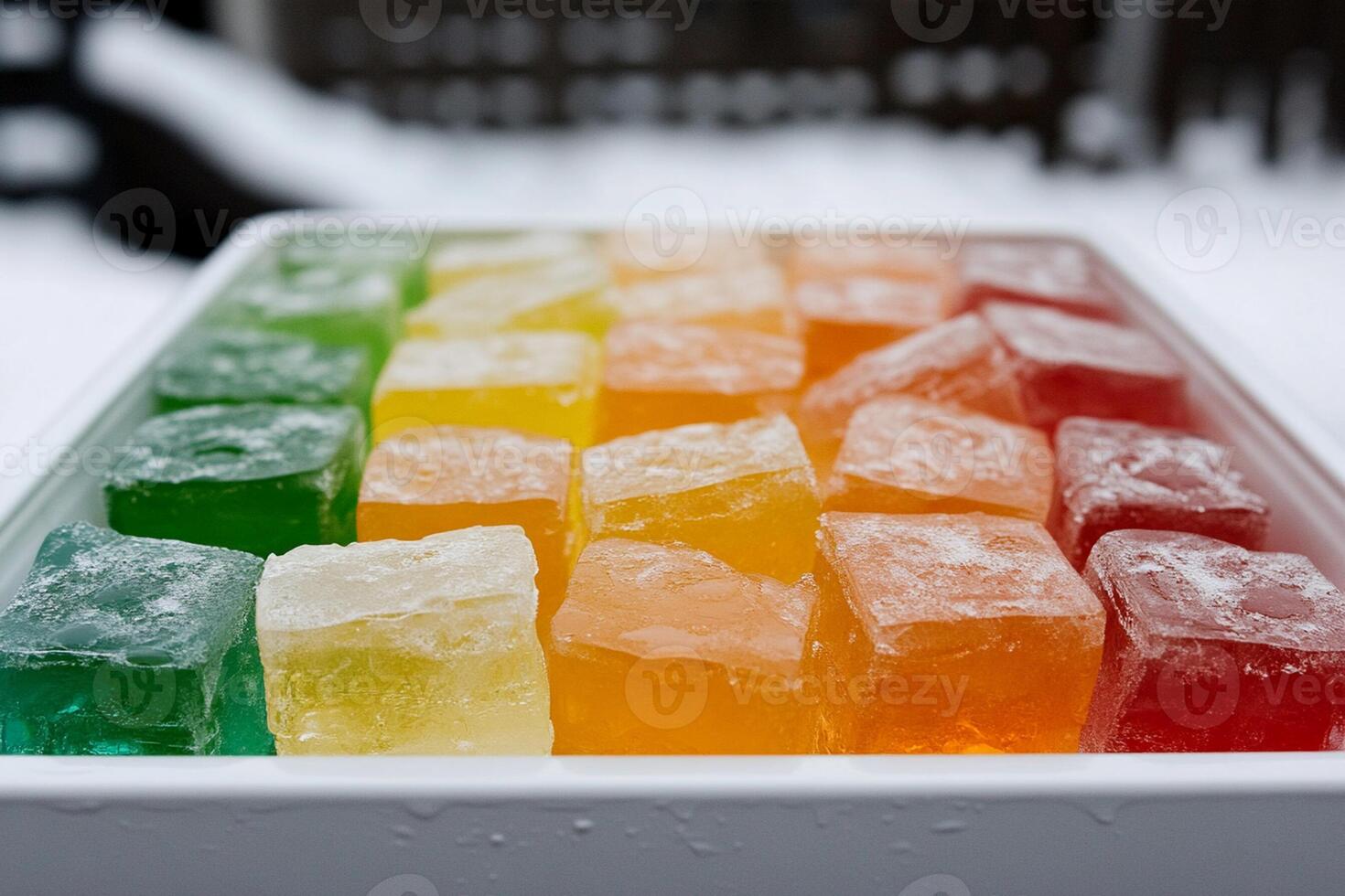 A tray of jello cubes in the snow photo