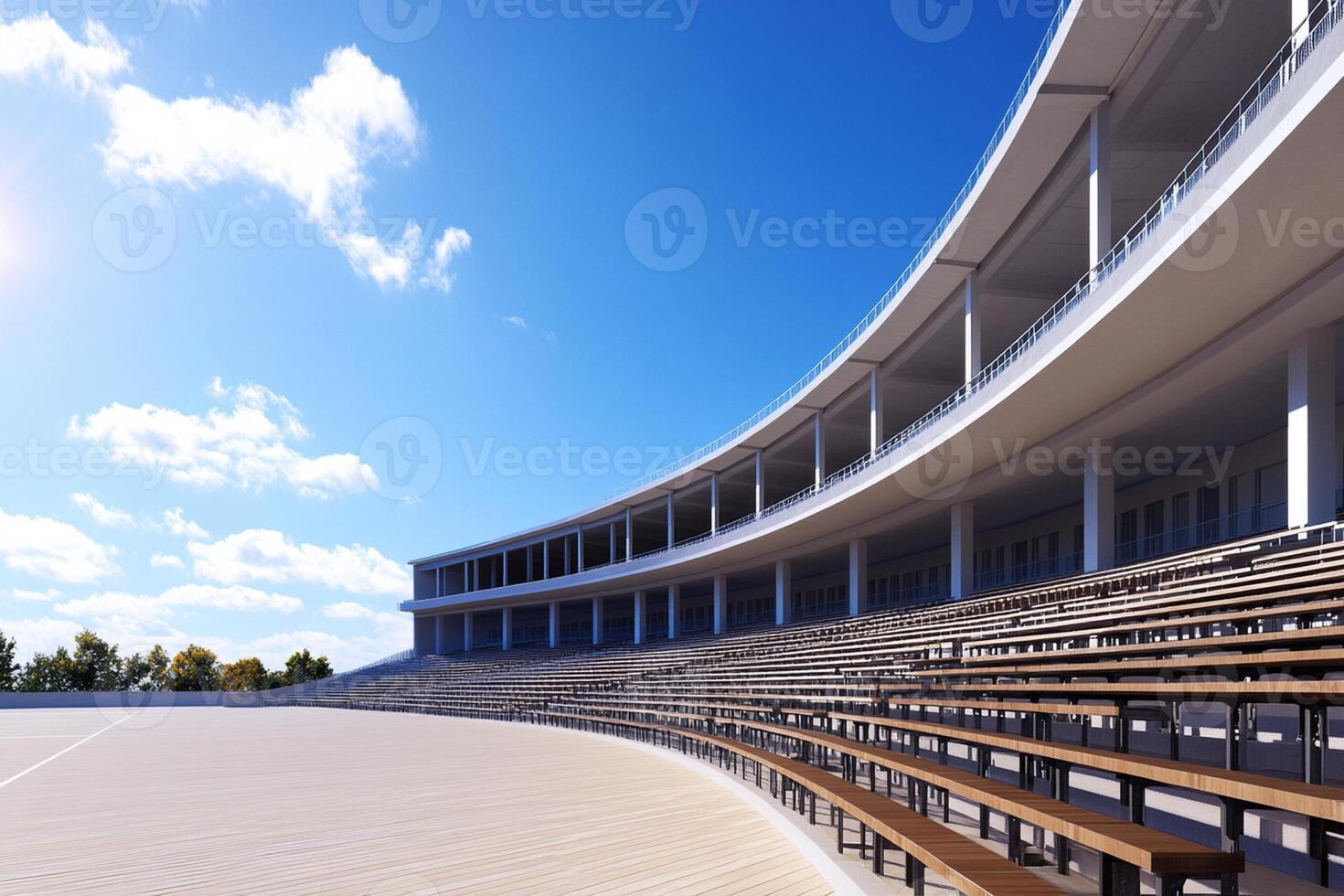 An empty stadium with benches and a blue sky photo