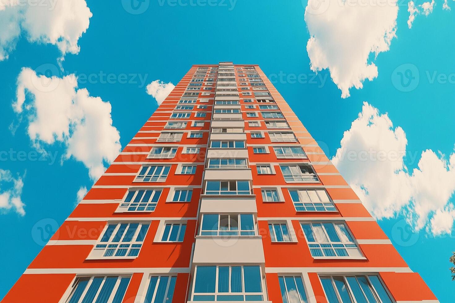 A tall building with windows and a blue sky photo