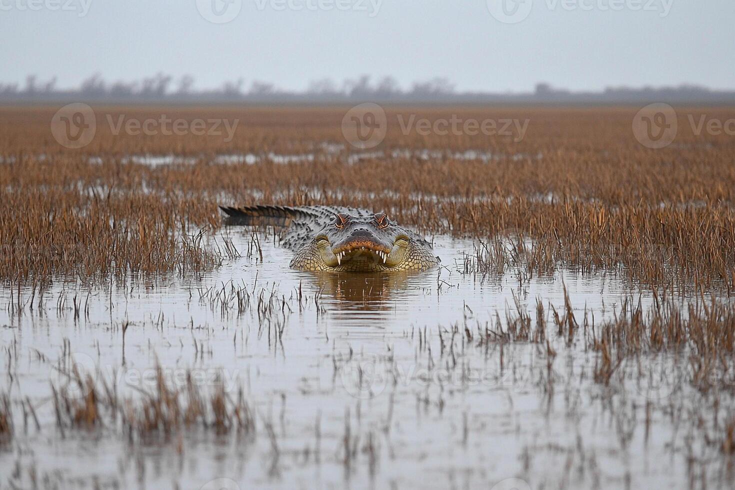 A large alligator is in the water in a marsh photo