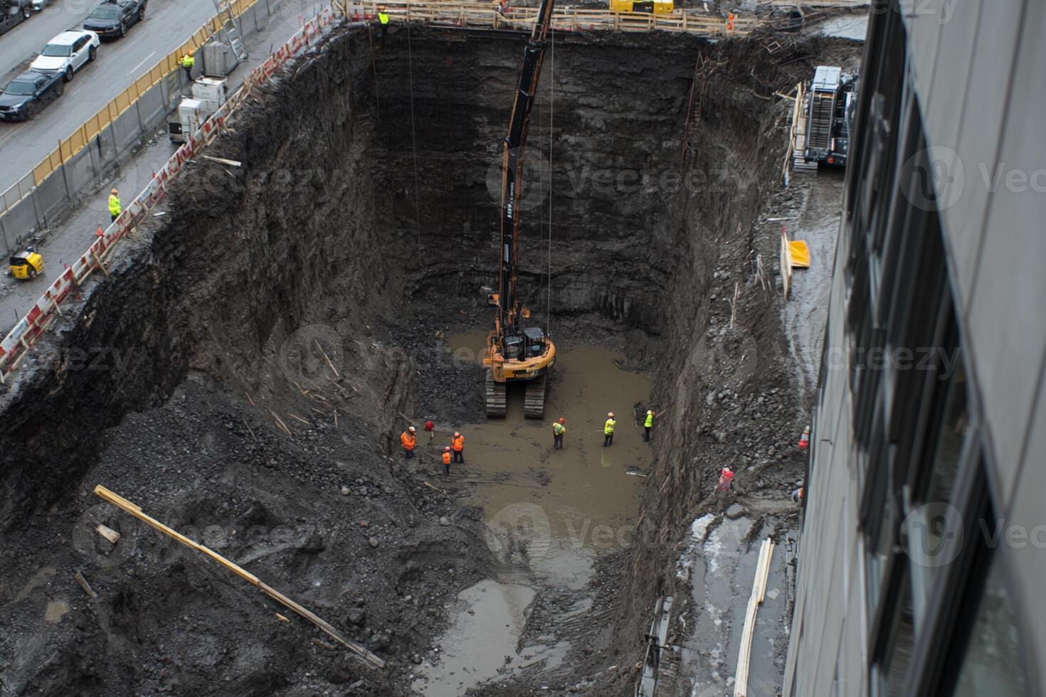 A construction site with a large hole in the ground photo