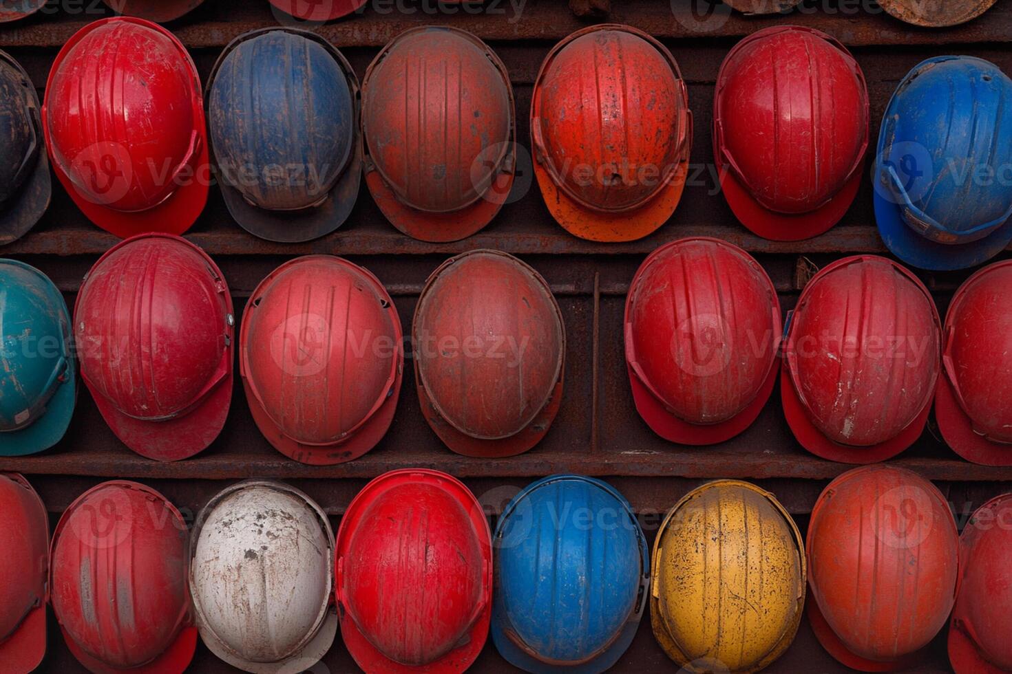 A large number of hard hats are arranged in rows photo