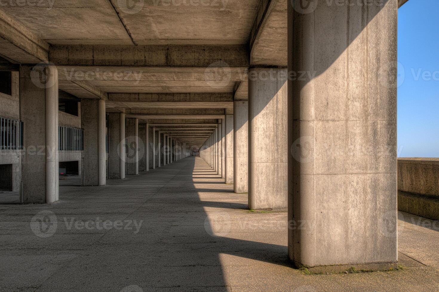 A long concrete walkway with a bench in the middle photo