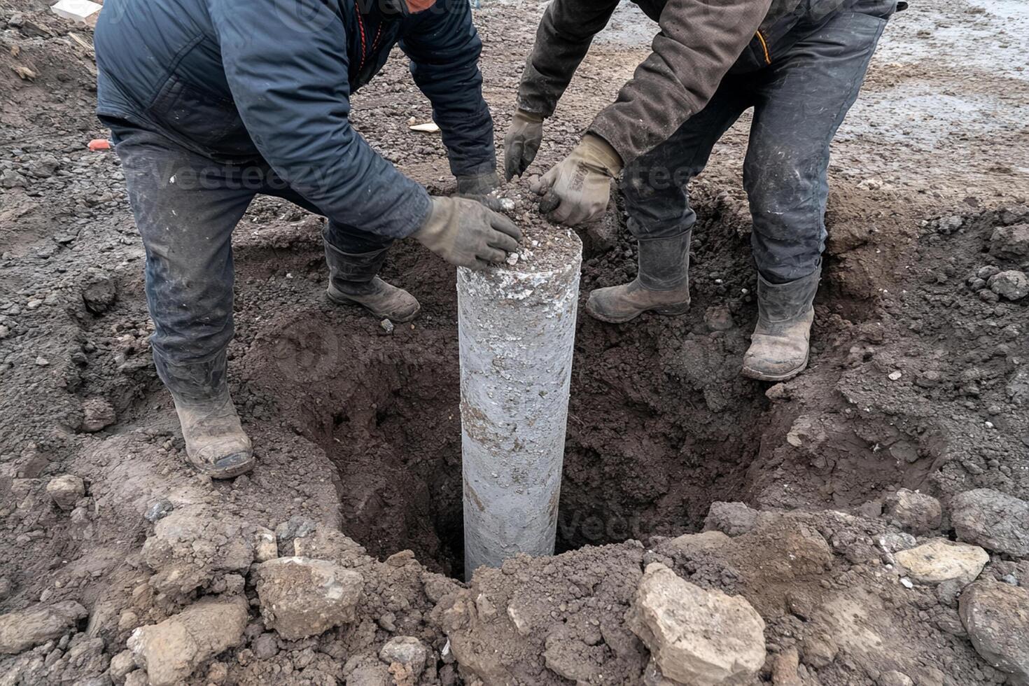 Two men are working on a concrete pillar photo