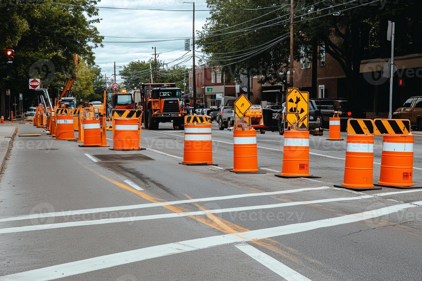 A street with construction cones and a truck photo