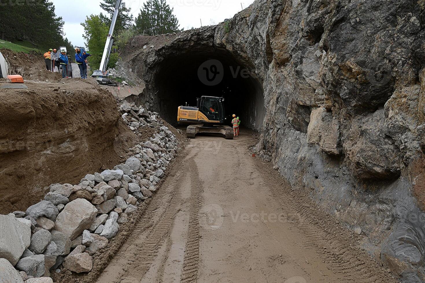 A construction crew is working on a tunnel photo