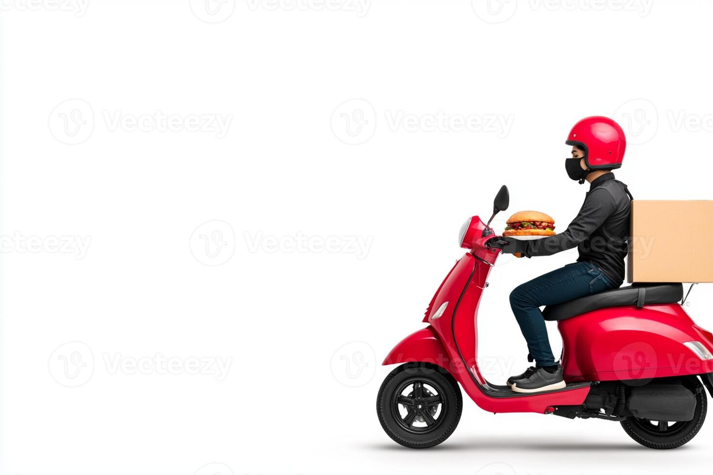 A man in a red helmet and black jacket is riding a scooter with a box photo
