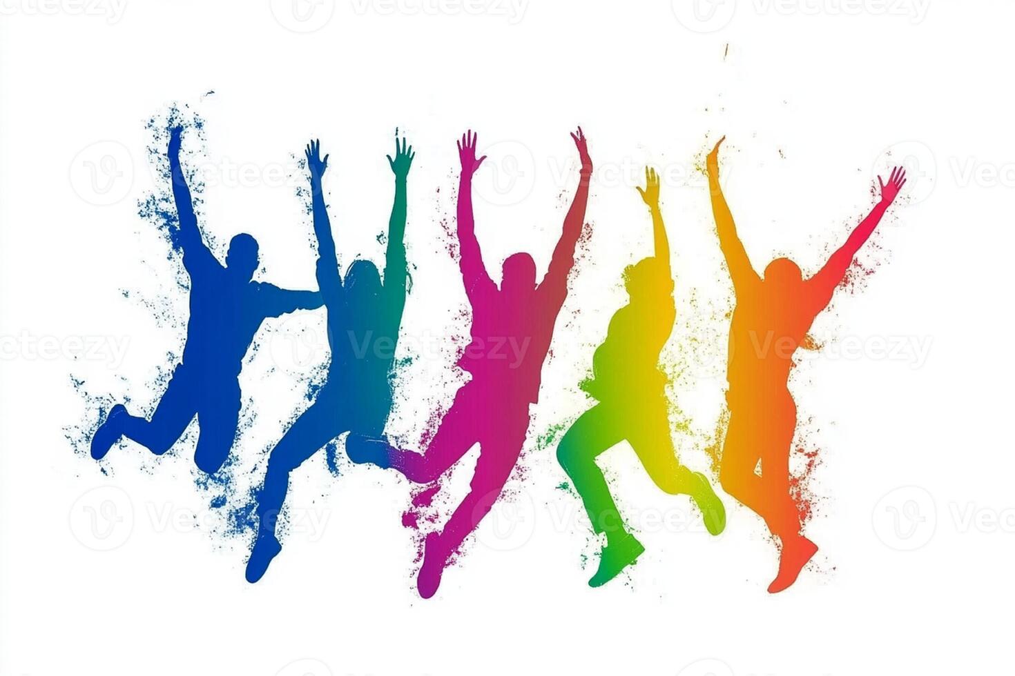 A group of people jumping in the air with colorful paint photo
