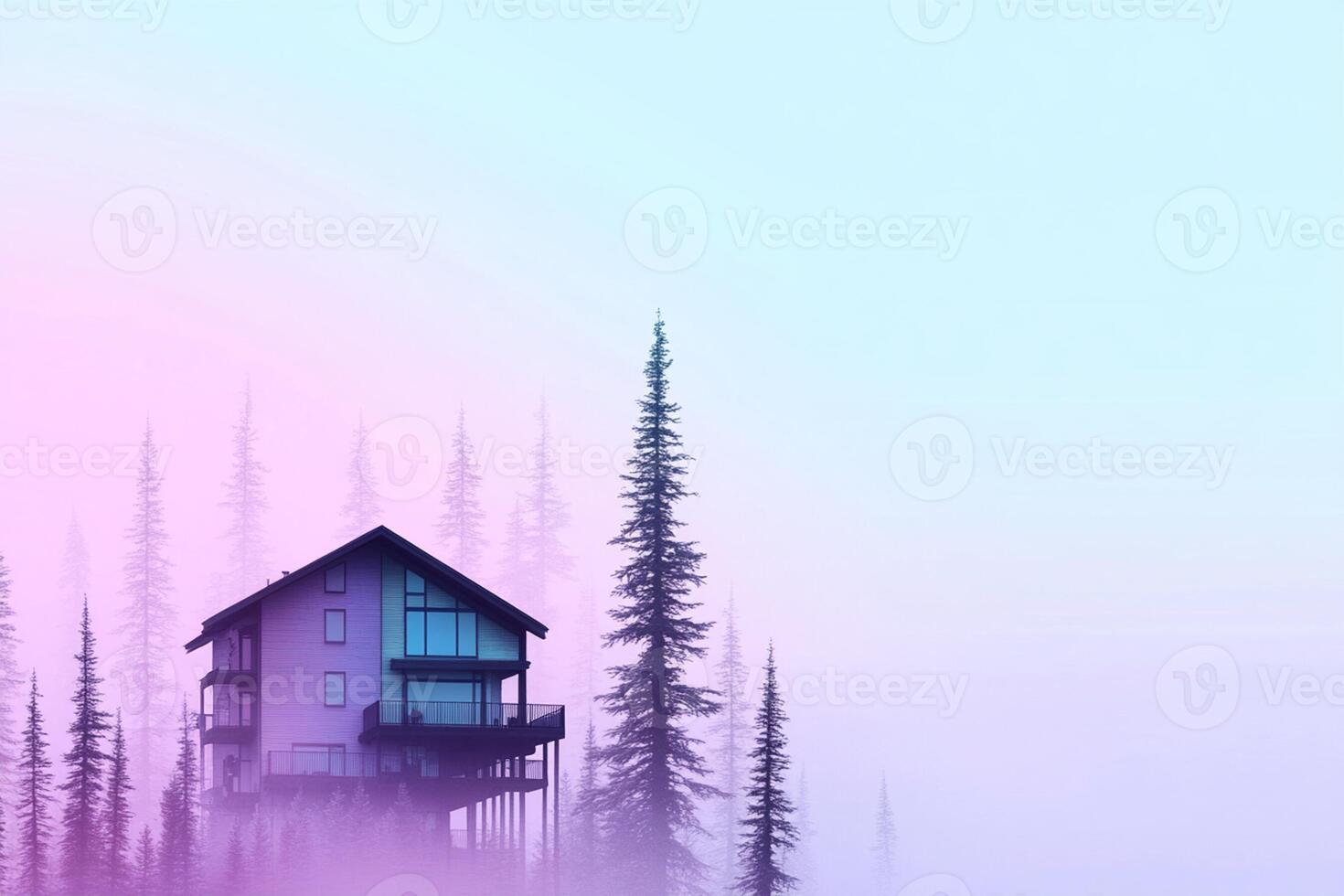 A house in the fog with trees and fog photo