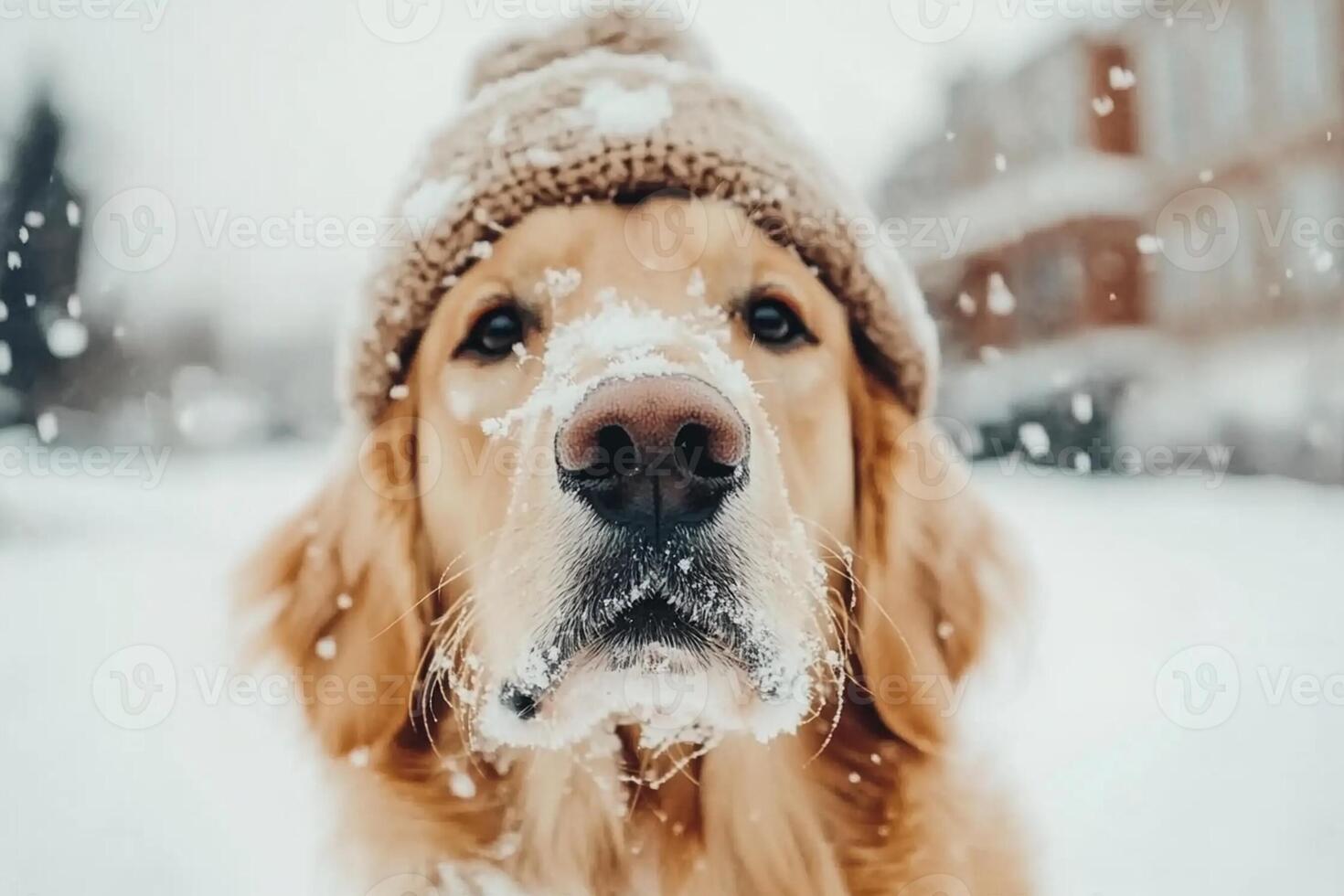 A dog wearing a hat in the snow photo