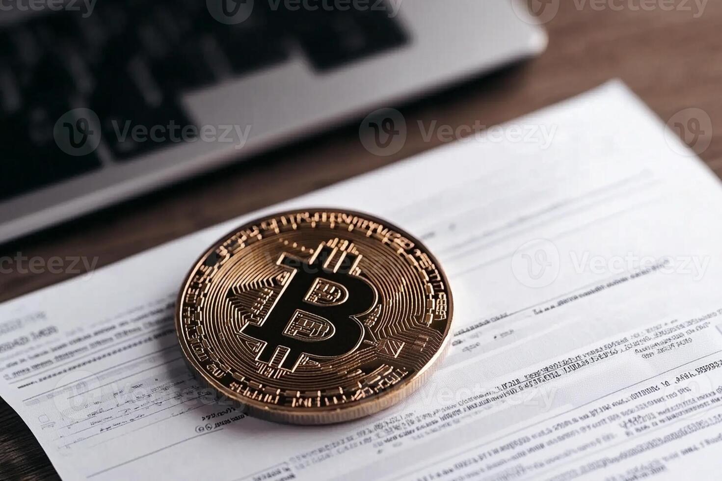 Bitcoin on a paper with a laptop photo