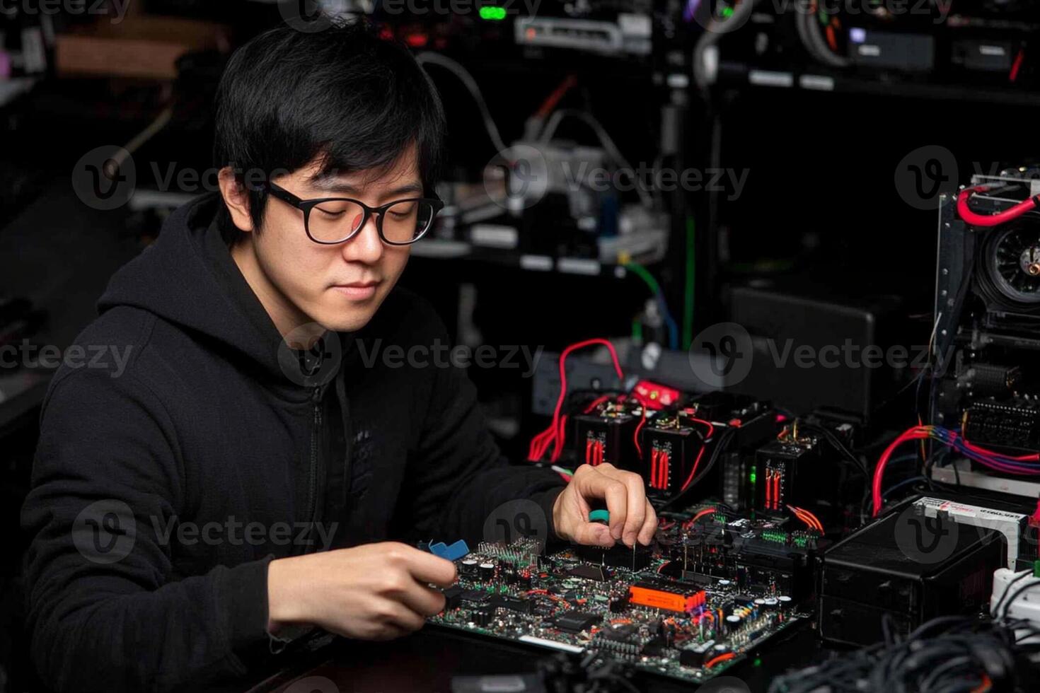 A man in glasses working on a computer photo
