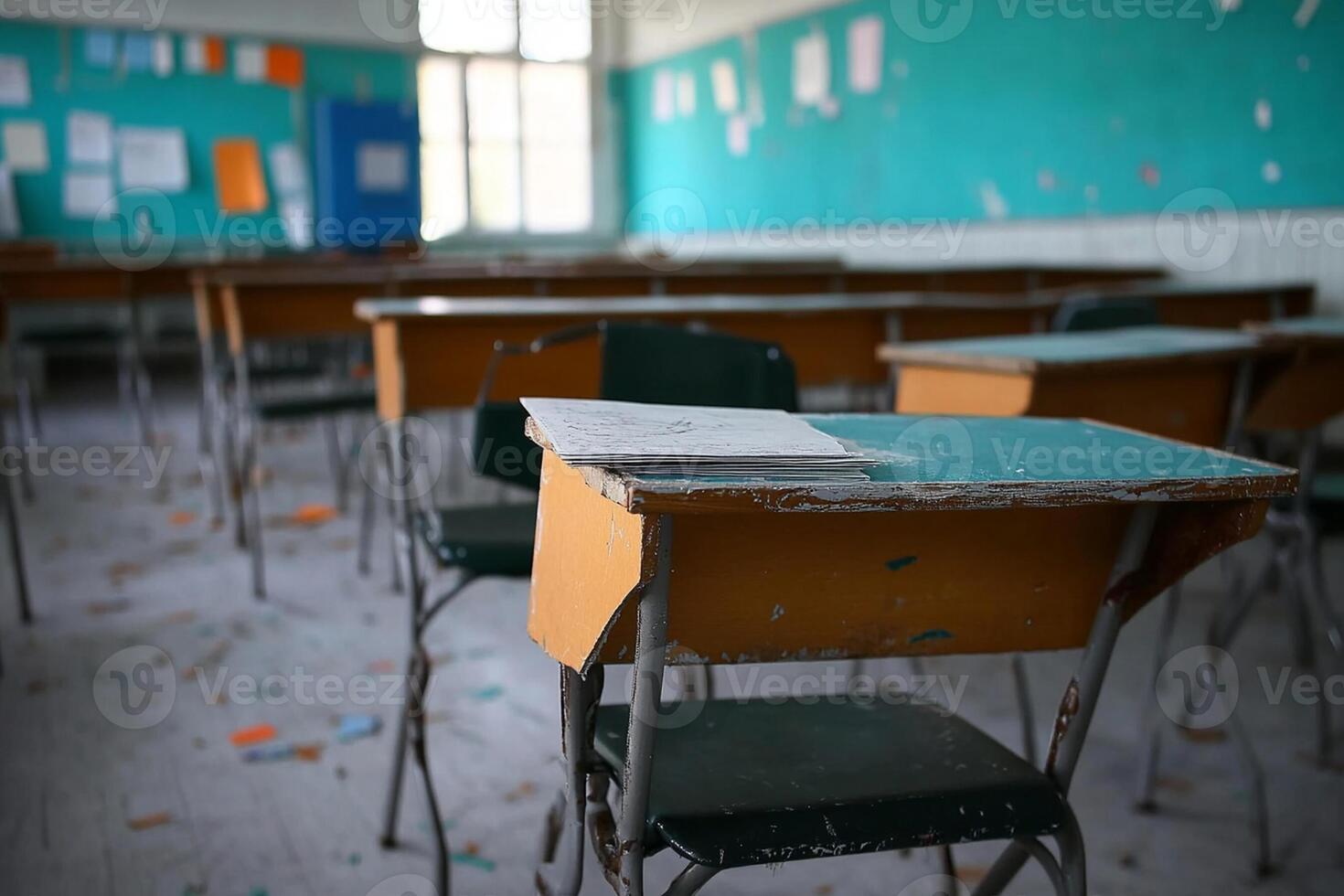 Empty desks in a classroom with a desk and chairs photo